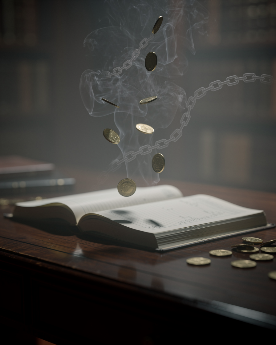 Абстрактное изображение бухгалтерской книги с уходящими в туман символами долгов и денег, символизирующее списание долгов и их влияние на финансовую отчетность.